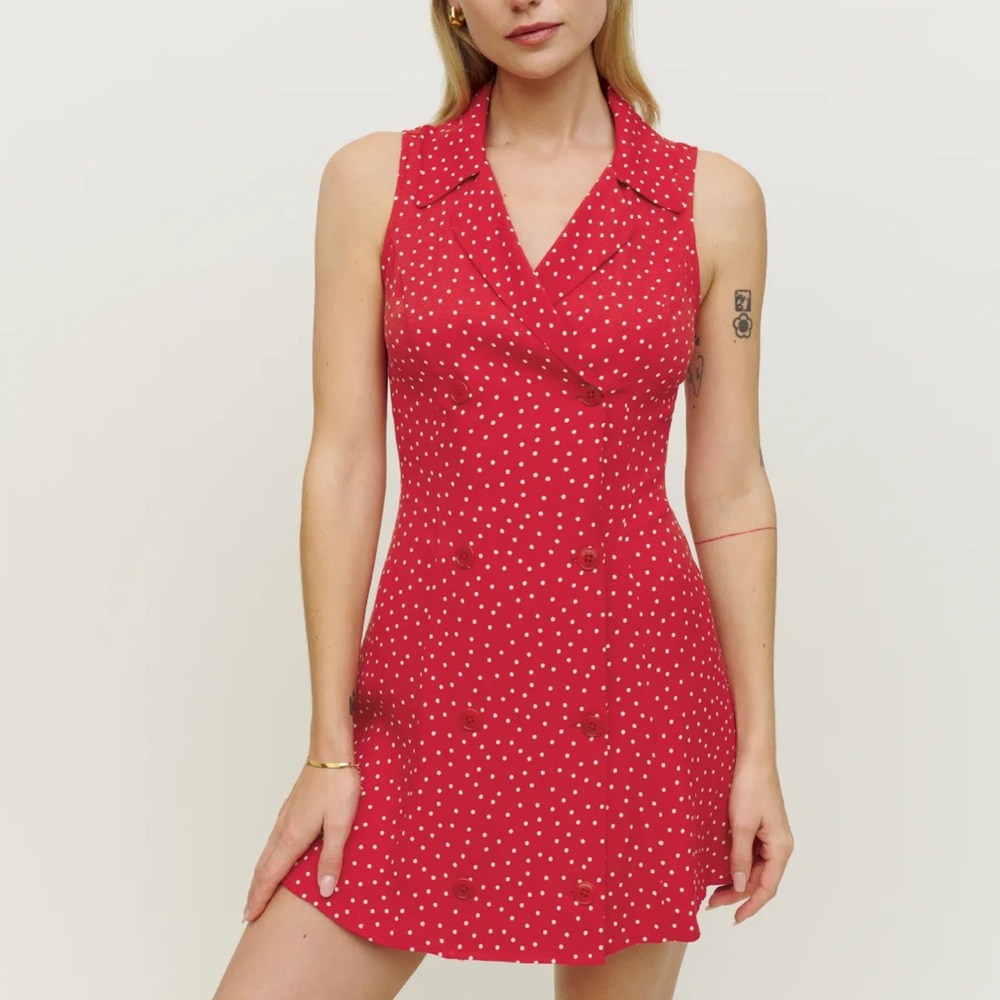 Reformation Leith Mini Dress Ditty Red Polka Dot NWT